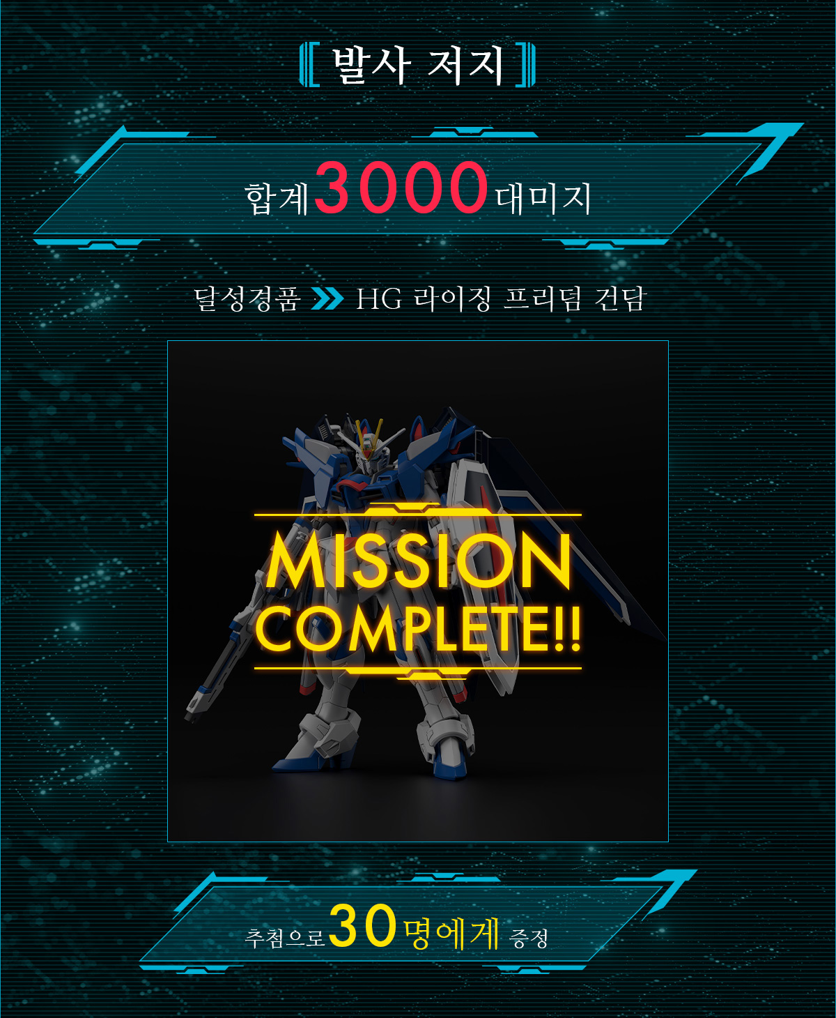 발사 저지:합계 3,000 대미지:달성경품:HG 라이징 프리덤 건담 추첨으로 30명에게 증정